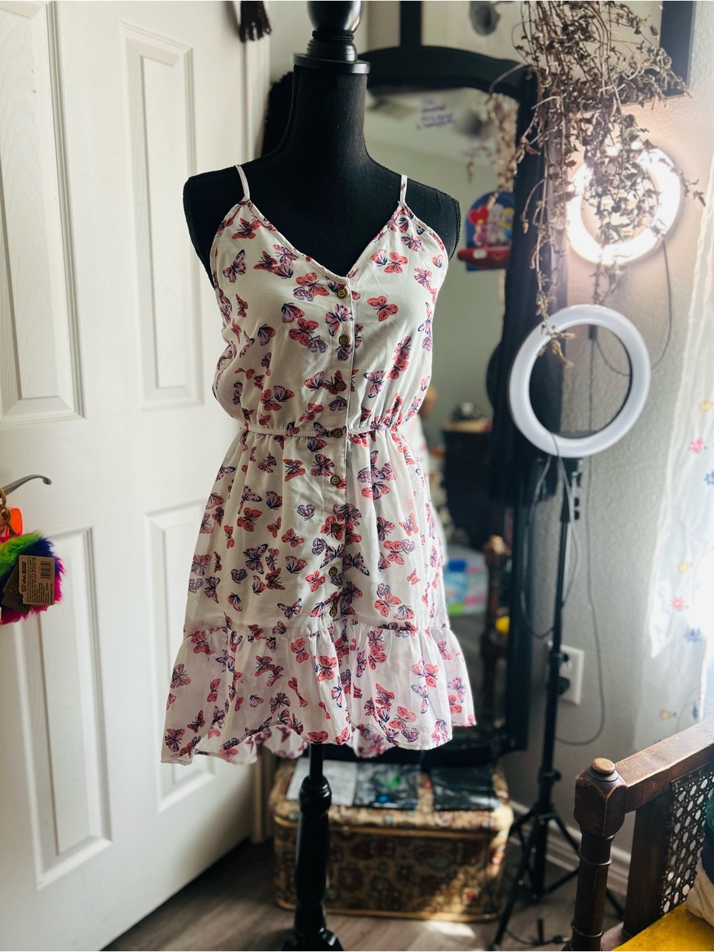 Speed Limit white floral button down high low mini ruffle dress